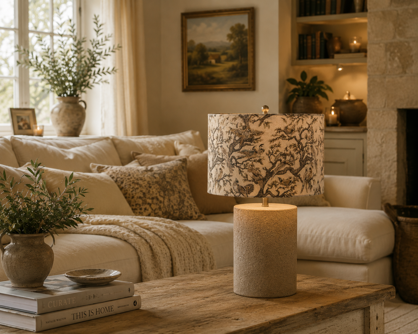 A styled living room scene featuring a cylindrical table lamp with a textured beige base and a drum shade in a black and beige botanical pattern, set on a rustic wooden coffee table in front of a cream sofa.