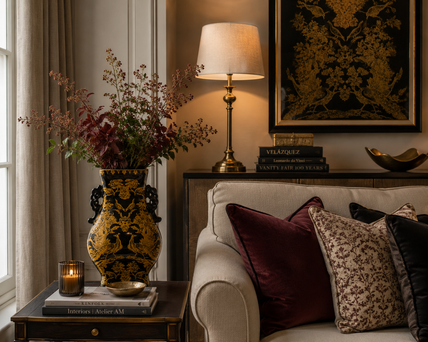 A styled interior scene showing a large ornate black and gold vase filled with dried burgundy and green stems on a side table next to a beige sofa with patterned and burgundy pillows. A lit table lamp, books, and framed wall art are also visible in a warm, elegant room setting.