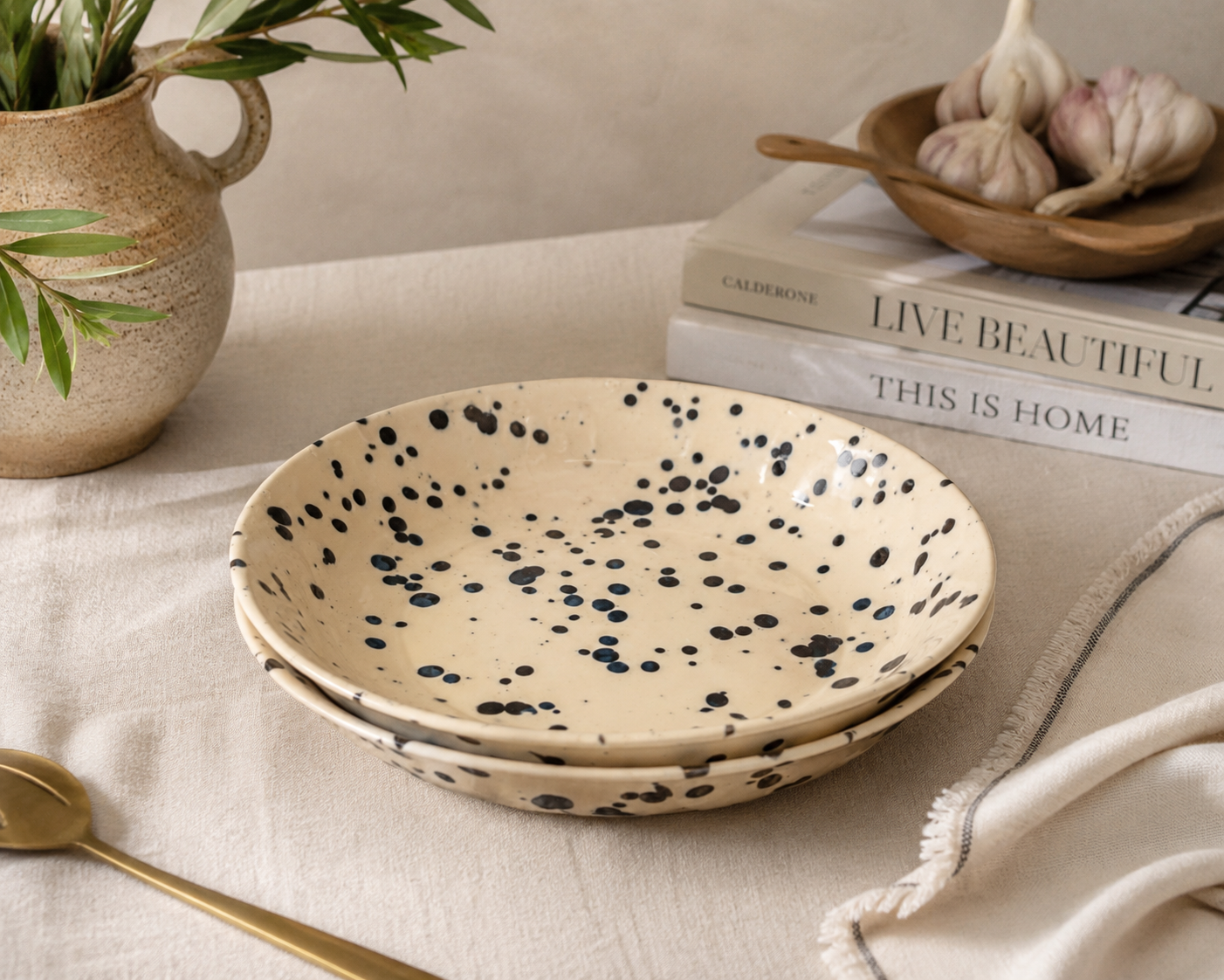 Black and White Spotty Pasta Bowls Set of 2